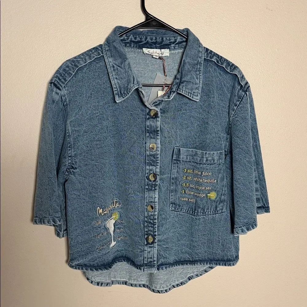 Solitaire Women’s Denim Aperol Spritz Embroidered Button Down Top